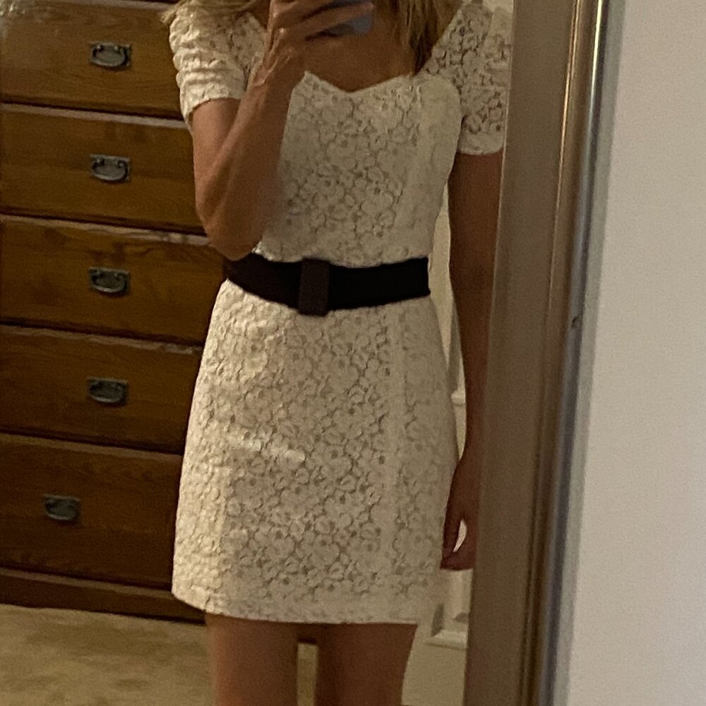 Guess Ivory Floral Lace Mini Dress with Dark Brown Waist Belt - Picture 7 of 7